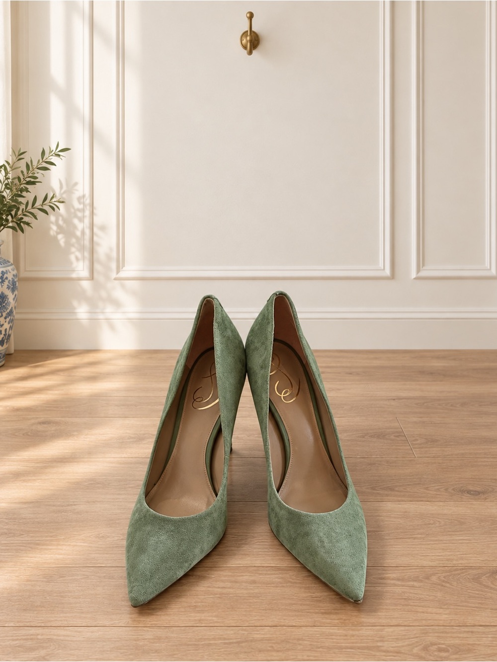Sam Edelman Sage Green Suede Pointed-Toe Pumps